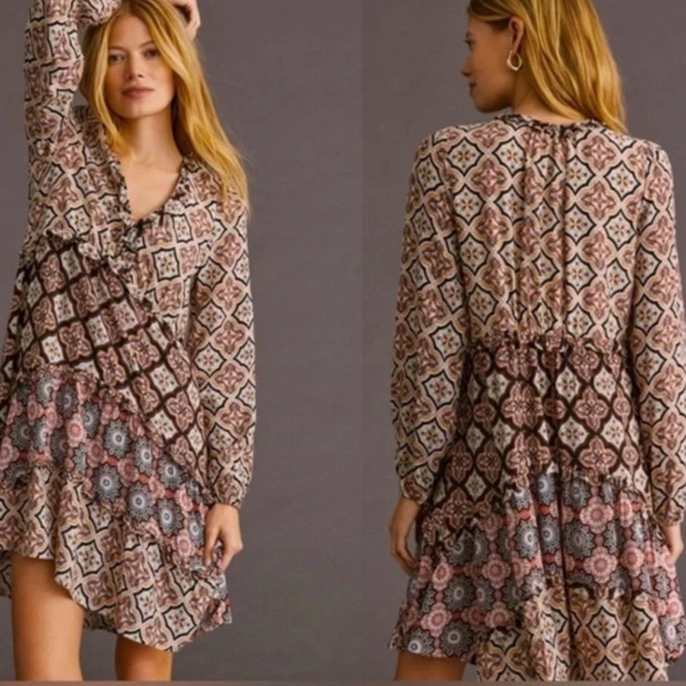 Anthropologie Tiered V-Neck Mini Dress Bohemian Mixed Print Flowy Long Sleeved S